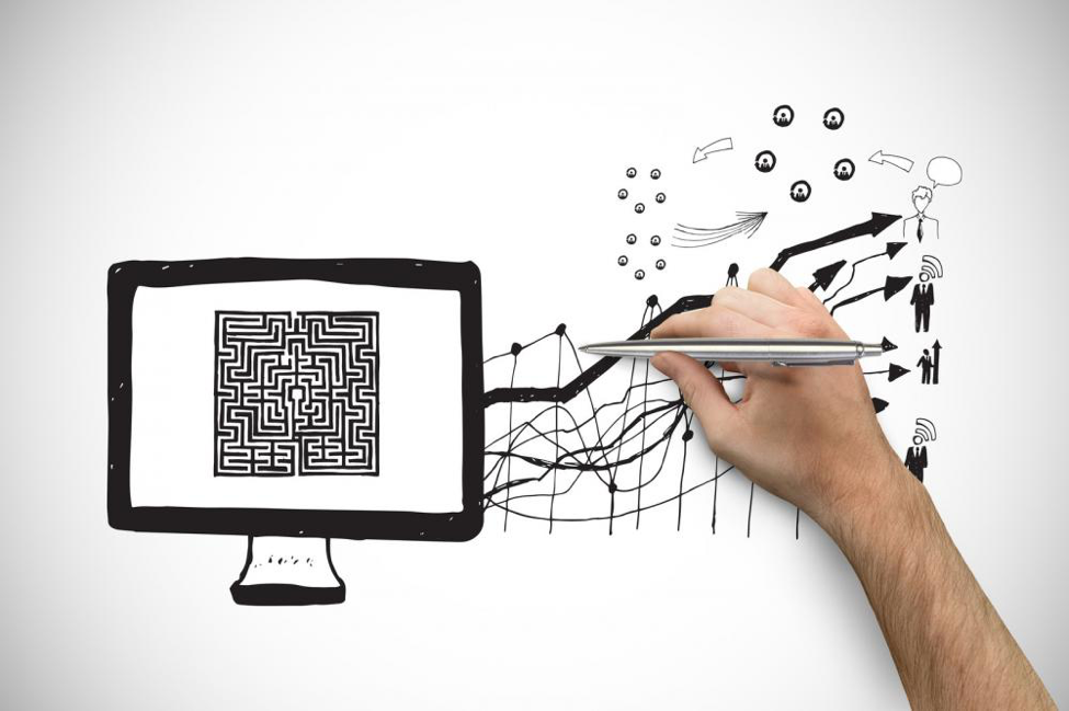 drawing of a monitor with a hand drawing it and multi-faceted solutions